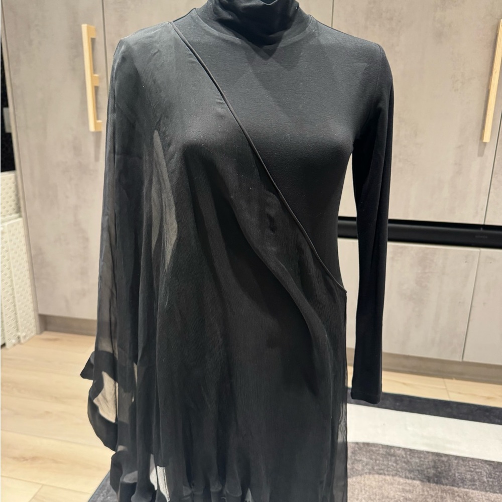 Analili Black Long Sleeve Dress with Sheer Overlay